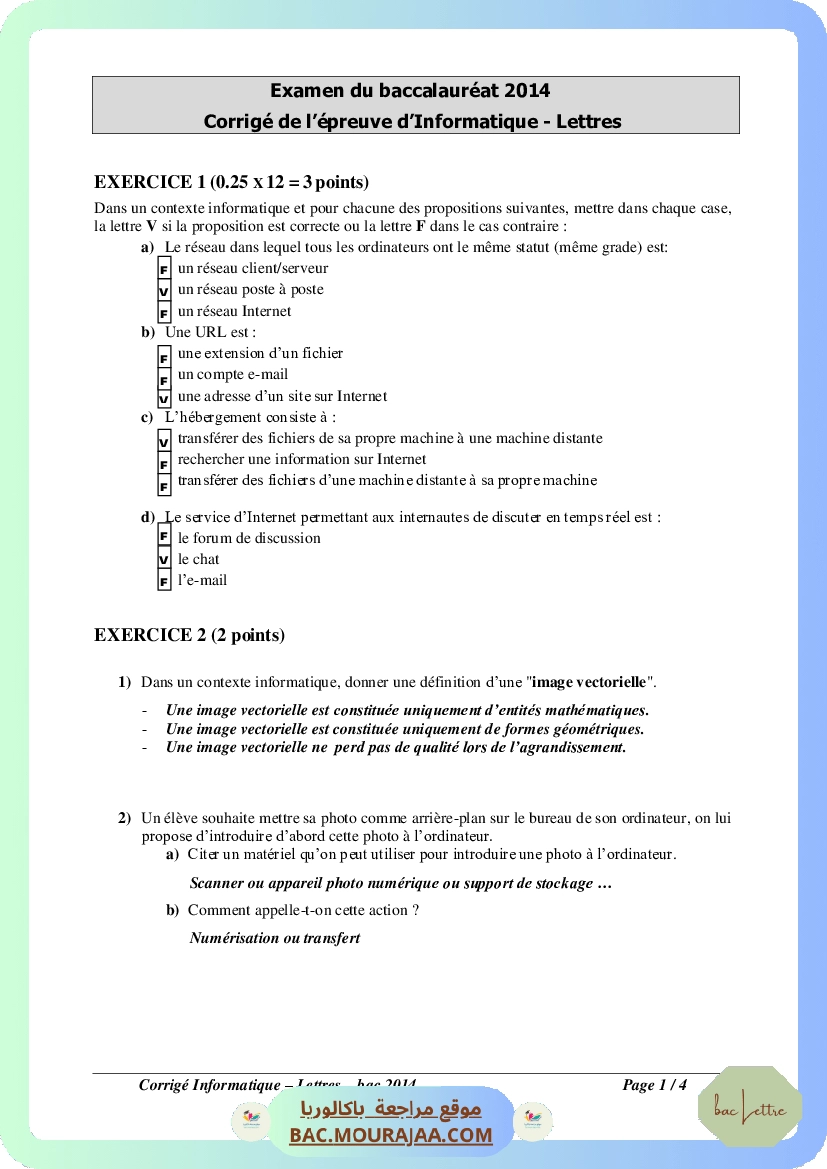 Corrigé principale info Bac 2014 – Section lettre